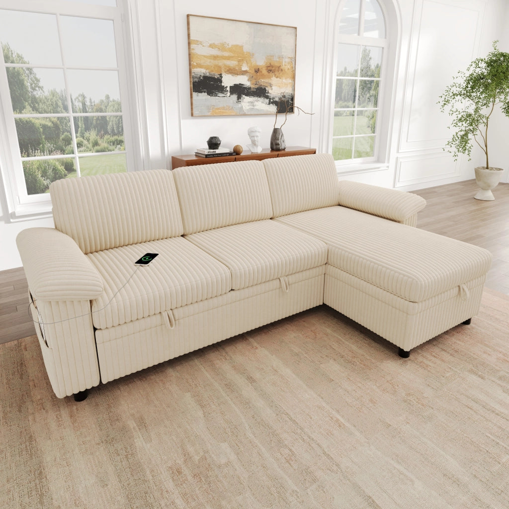 Divano angolare modulare 3 posti con letto estraibile; beige; USB e Type-C