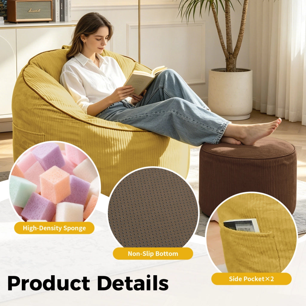 Poltrona con pouf sagomata ergonomica con tasca laterale portaoggetti per relax e lettura in flanella gialla