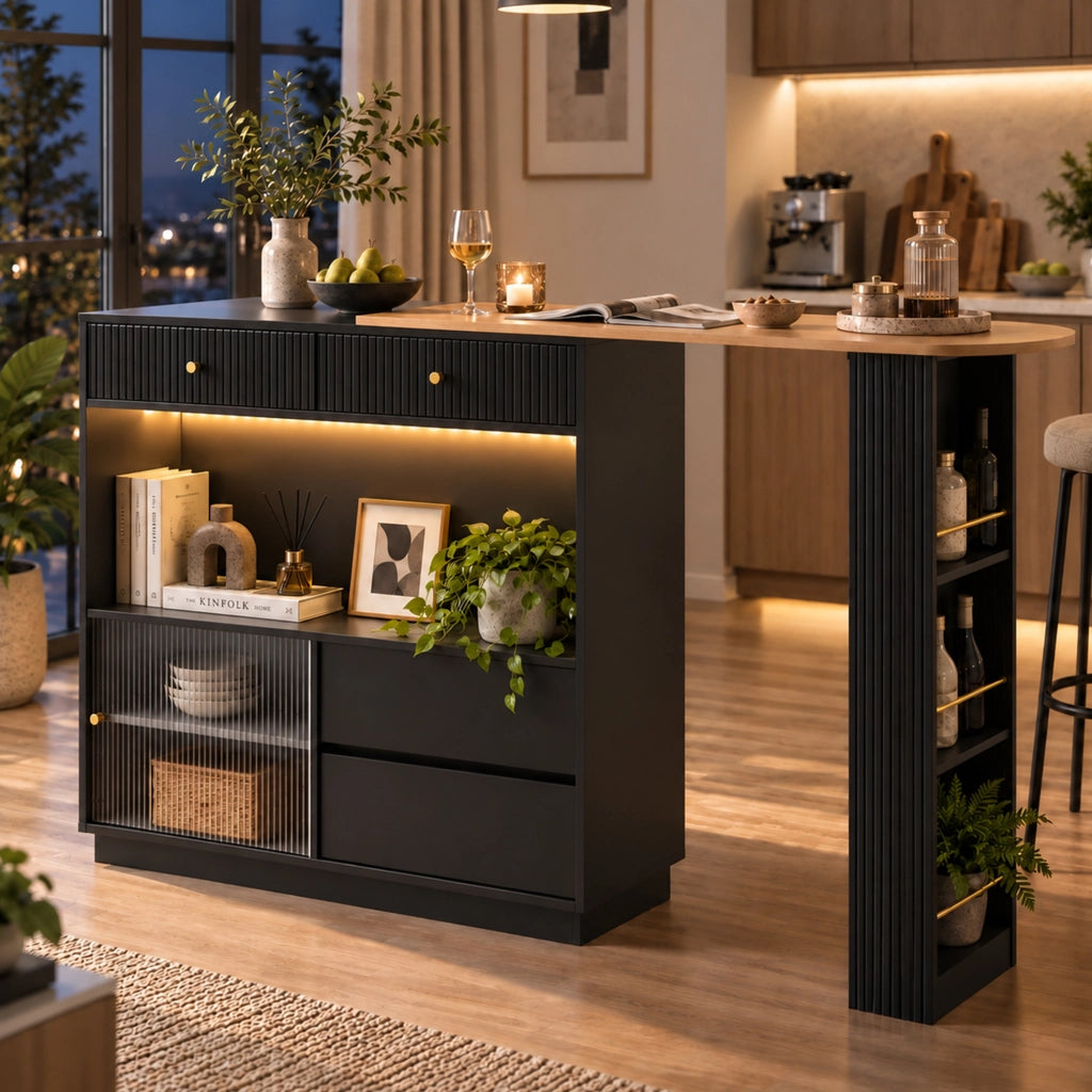 Isola cucina con bancone girevole 360°; LED RGB e vano contenitore; nera