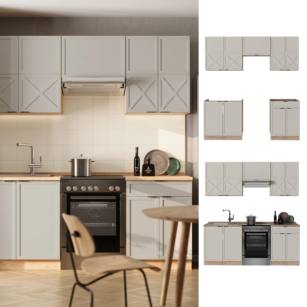 Cucina componibile Fame-Line GrigioBeige/Rovere dorato 200 cm, PL Marmo Vicco