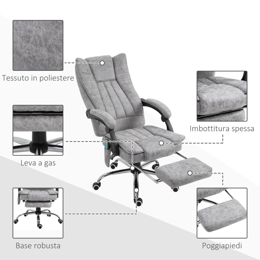 Sedia Poltrona Presidenziale da Ufficio 62x67x113-120 cm Massaggiante Riscaldante Grigia