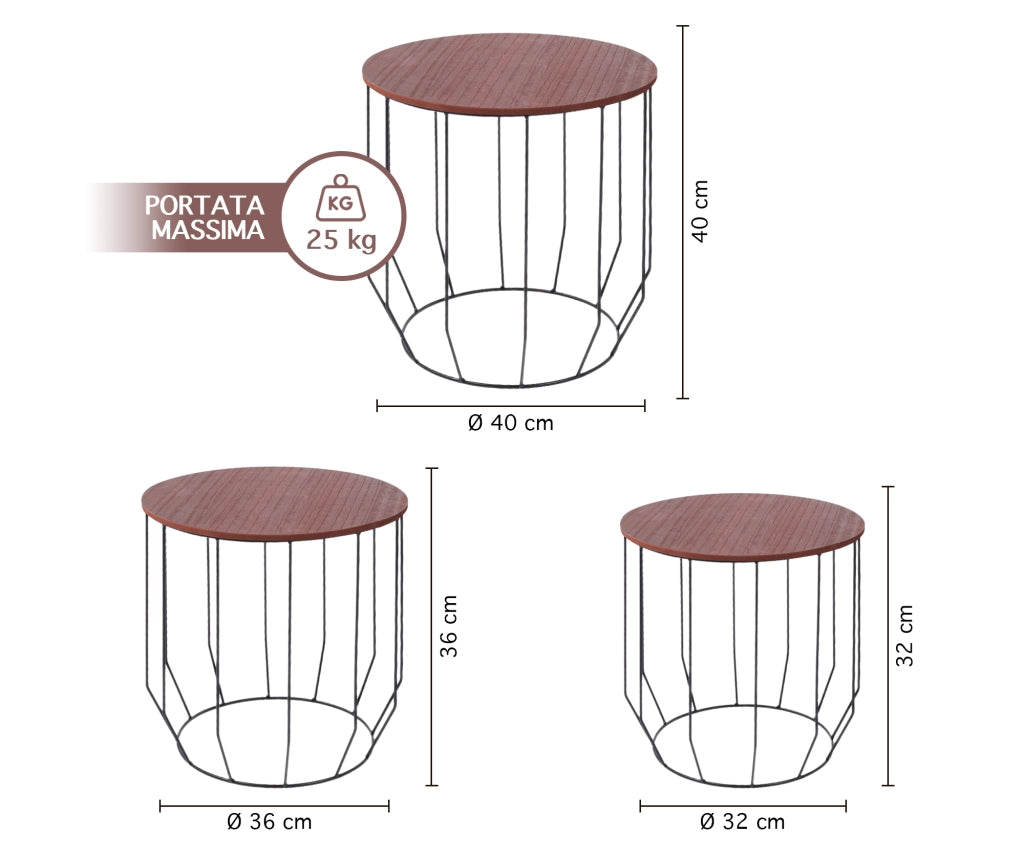 Set 3 Tavolini Da Salotto Sovrapponibili Rotondi Design Moderno Tavolino Da Caffè Estraibili Mobile Soggiorno Tavolo Divano Top In Legno Struttura In Acciaio Stile Industrial Vano Porta Oggetti  - Marrone - Modello 2