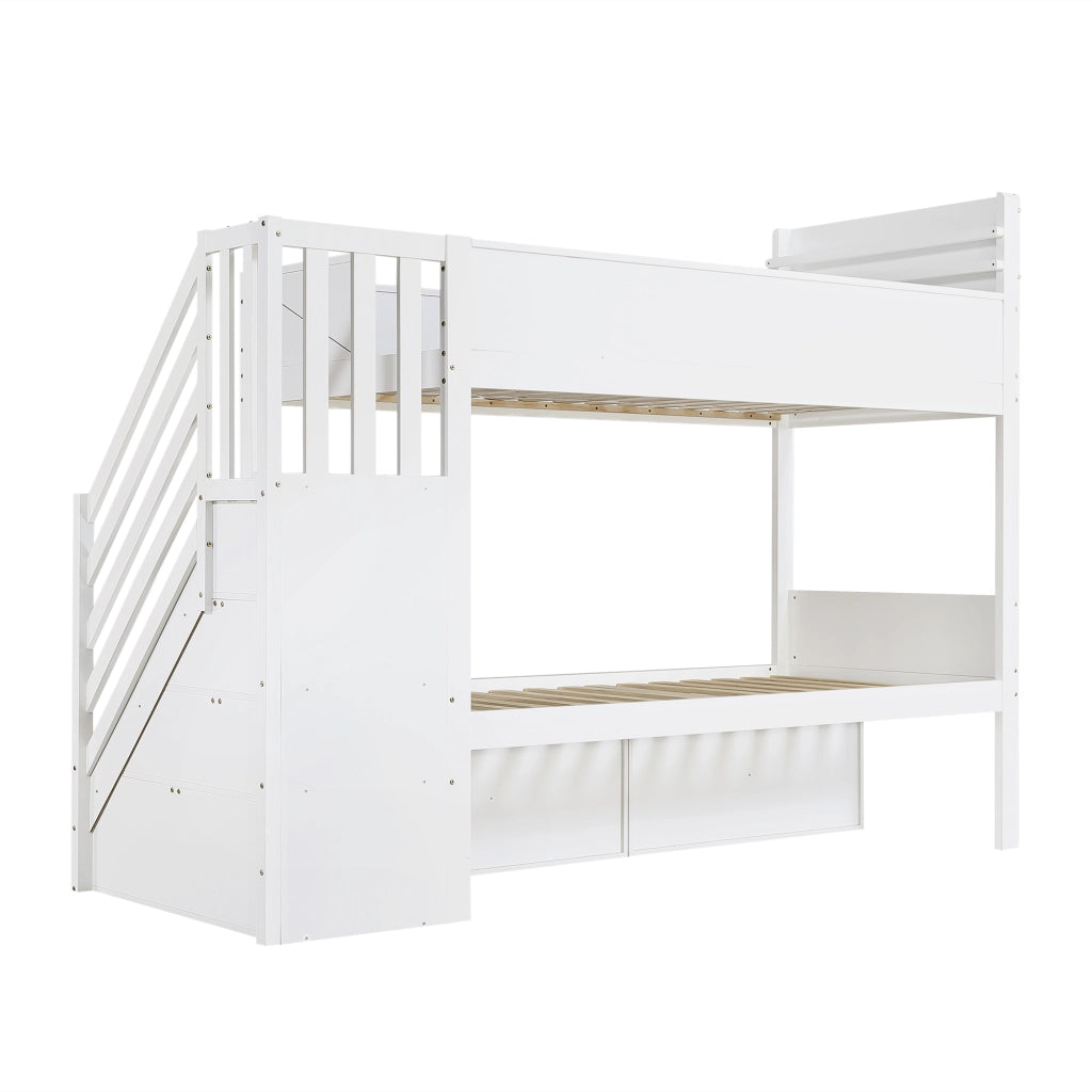 Letto a castello 90 × 200 cm con scala contenitore, armadi sotto letto, sponde alte, senza materasso, bianco