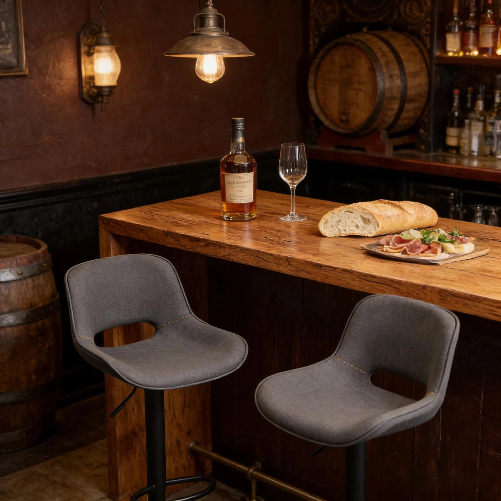 Sgabello da bar girevole con schienale ergonomico e seduta imbottita in lino e metallo grigio altezza regolabile set da 2