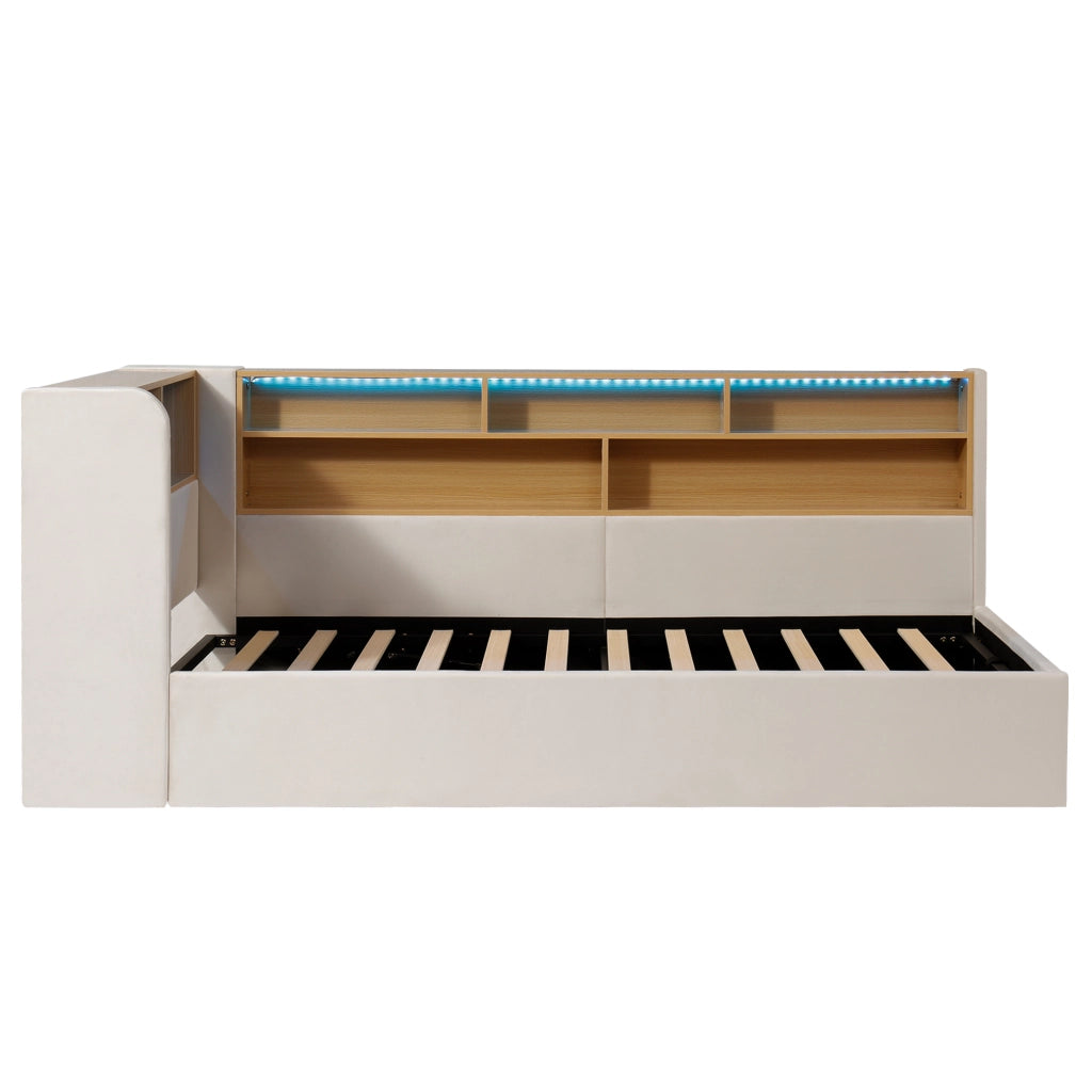 Daybed imbottito con contenitore idraulico, LED e USB, 90x200 cm, velluto beige