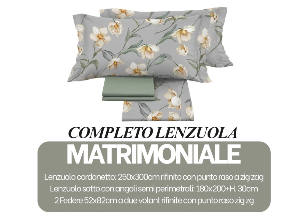 Completo Lenzuola Matrimoniale 100% Raso Cotone Floreale Dis. Lavinia