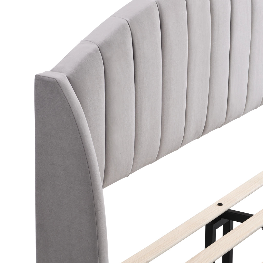 OKWISH Letto Matrimoniale 140×200 cm con Testiera Imbottita e Doghe in Legno, senza Materasso, in Velluto, Grigio