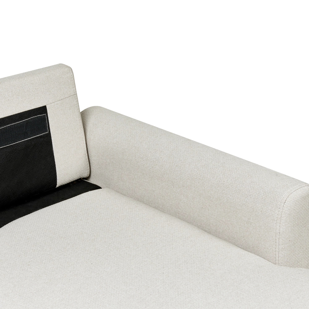 Divano letto angolare con contenitore lato sinistro beige chiaro rivestimento in poliestere effetto lino contenitore cuscini design moderno