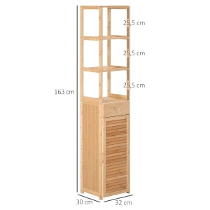 Mobile bagno in bambù con cassetto, tre ripiani aperti e vano chiuso, design slim 32 x 30 x 163 cm, colore legno naturale