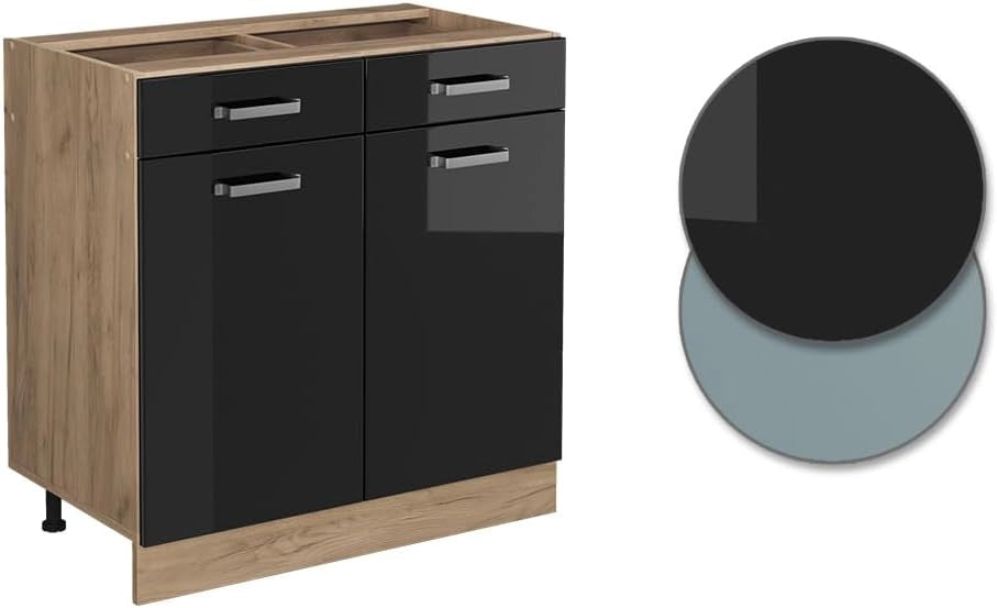Mobiletto base per cucina R-Line, Nero lucido, 80 cm senza piano di lavoro, per la libera combinazione all'interno di sistemi cucina modulari
