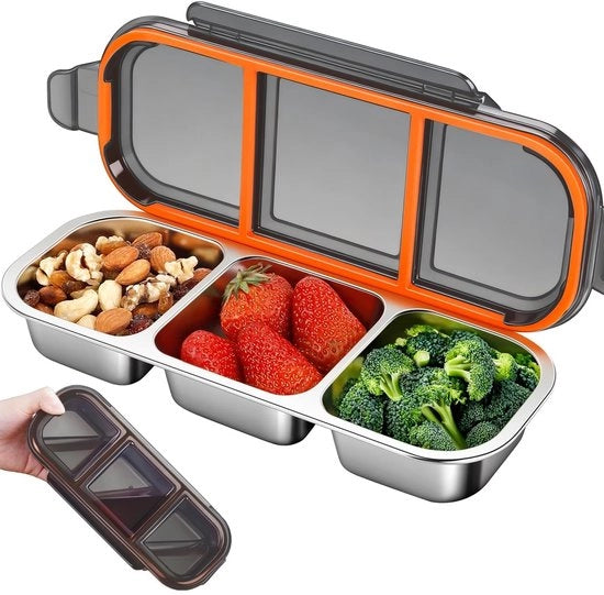 Bento Box per Bambini in Acciaio Inossidabile, 3 Comparti, 26,2 x 10,3 x 4 cm, con Copertura, Impermeabile, per Scuola e Ufficio