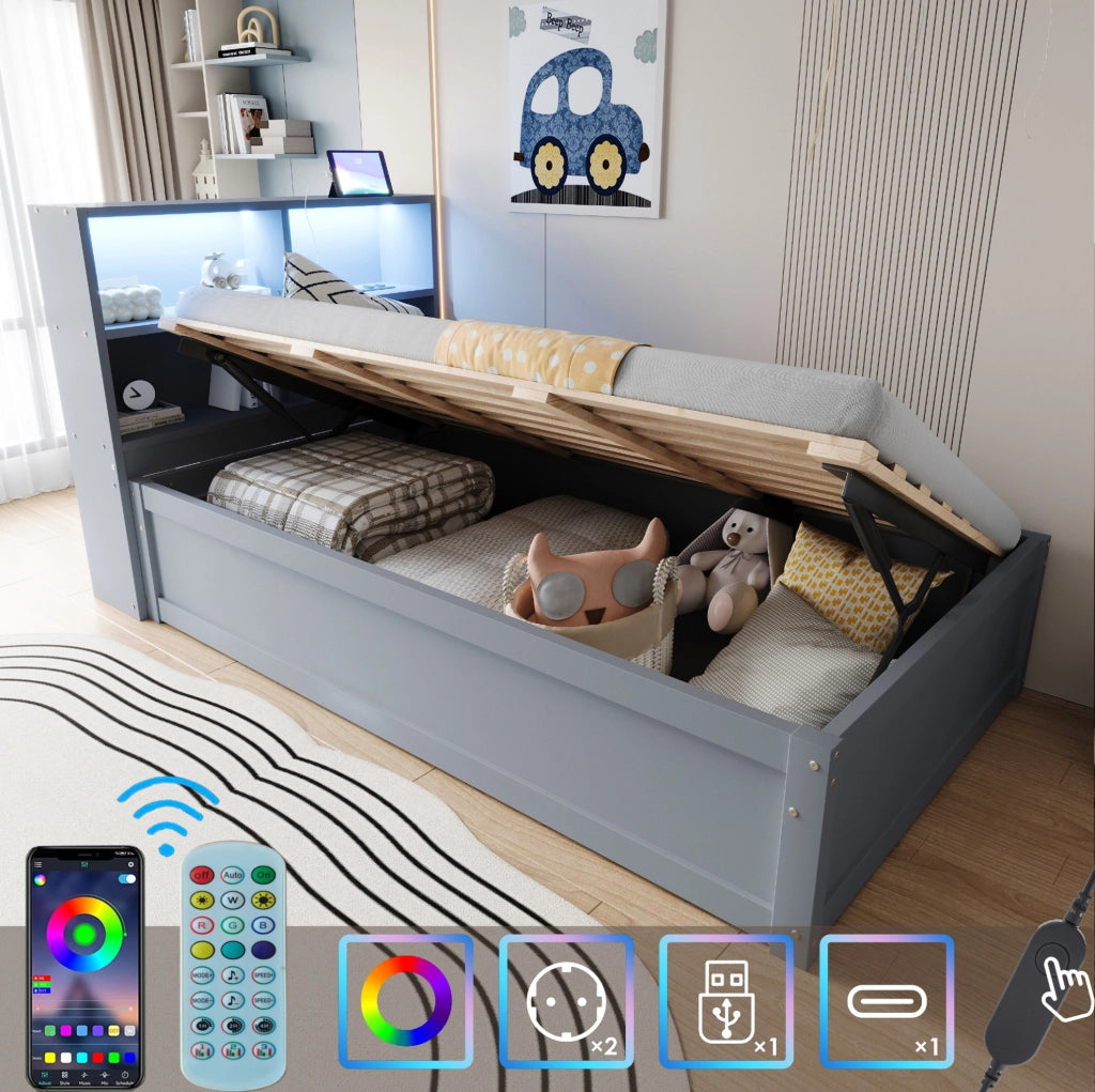 Letto singolo multifunzione con LED, presa integrata e 4 vani contenitivi
