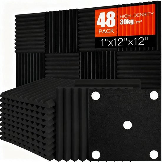 Pannelli Acustici 48 Unità - Placche di Assorbimento del Suono - Isolamento Acustico - Decorazione Acustica per Pareti - Nero - 30 x 30 x 2,5 cm