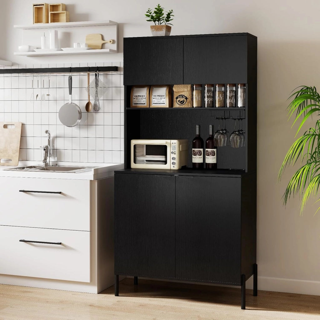 Armadio da cucina con piano di lavoro, armadietto a buffet con stazione di ricarica, buffet da cucina con porta bicchieri da vino e scaffale regolabile, multiuso, 80 x 40 x 164 cm