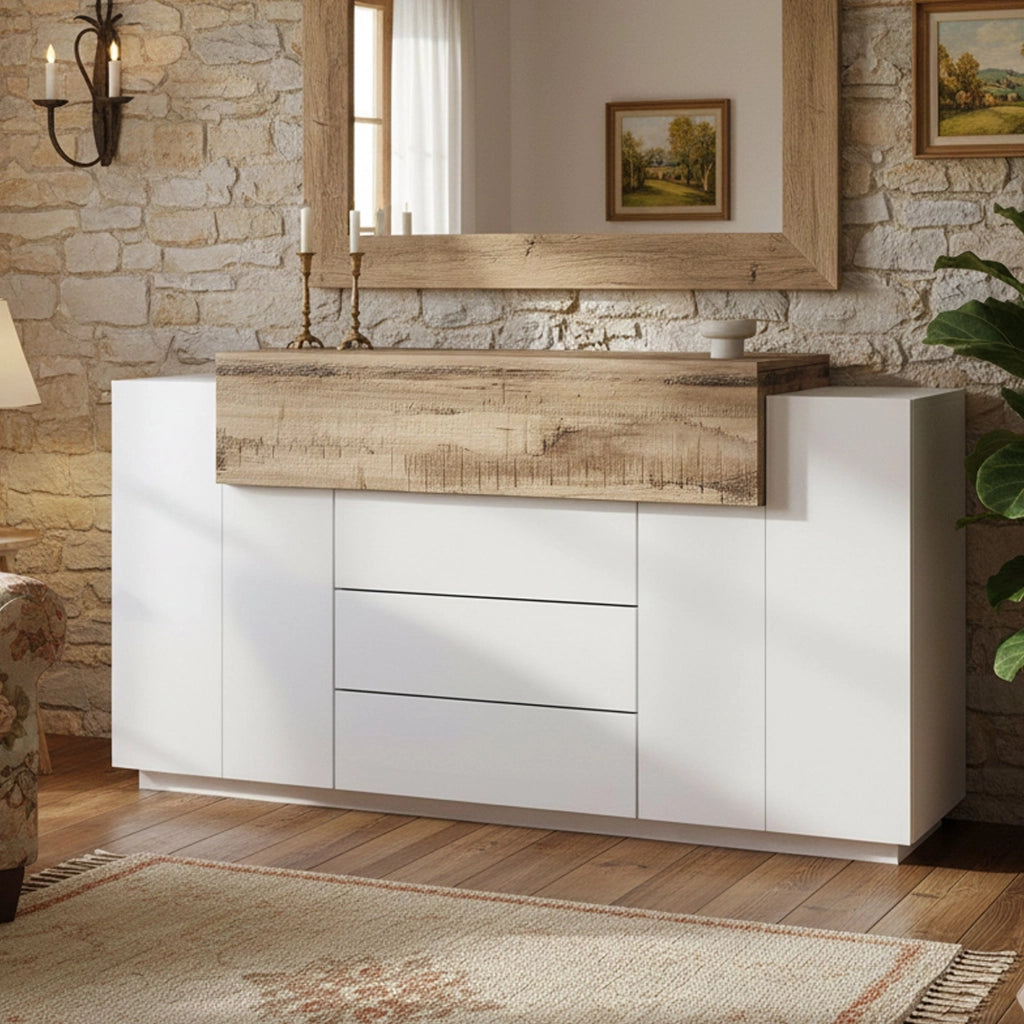 Credenza Arbon, Madia di design a 3 ante, Made in Italy, Mobile Porta TV, Buffet da soggiorno, cm 160x45h86, Bianco lucido e Acero