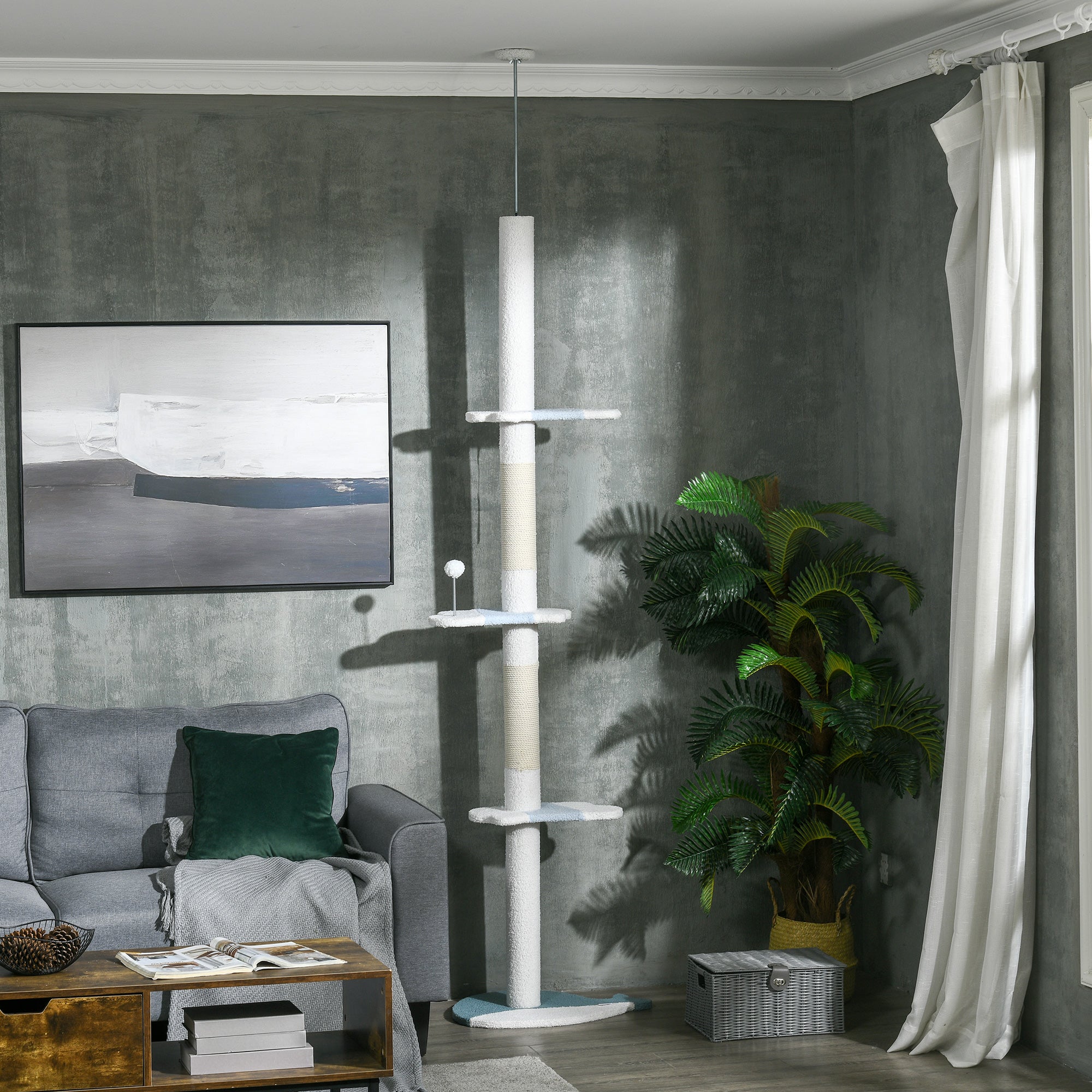 Albero Tiragraffi per Gatti a Soffitto con Palo Regolabile da 225-255 cm in Peluche Bianco