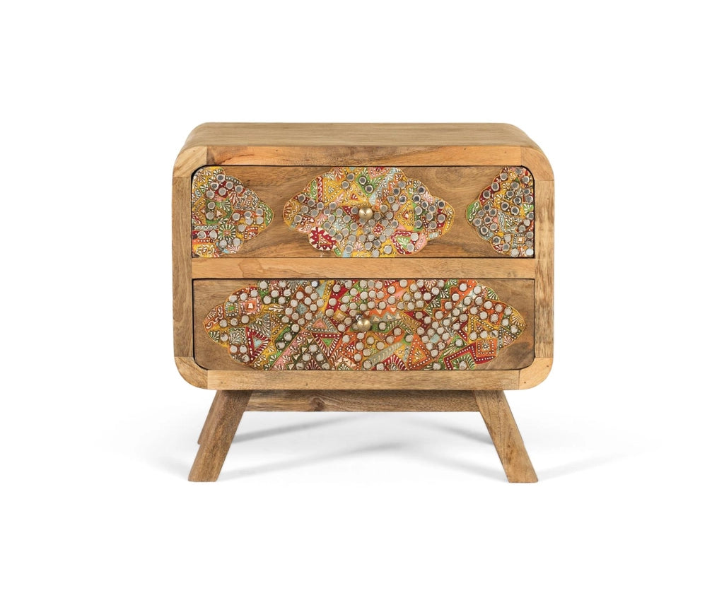 Comodino in legno di mango dipinto a mano con finitura etnica