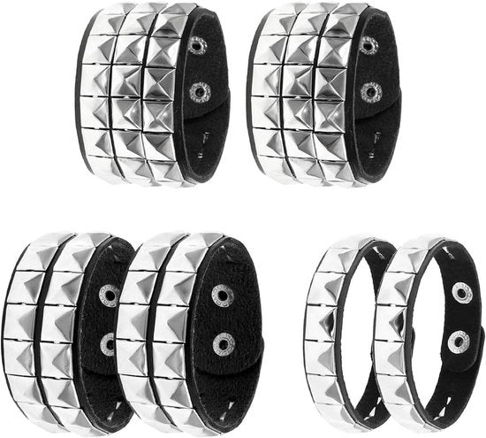 Bracciale in Pelle Nera con Rivetti Studiati in Acciaio, 6 Pezzi, Adattabile per Uomo e Donna, Costume e Festa