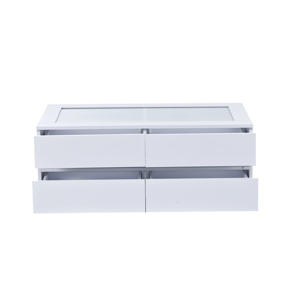Tavolino da caffè 100x50x40 cm con 4 cassetti; LED; piano in vetro temperato; truciolare bianco