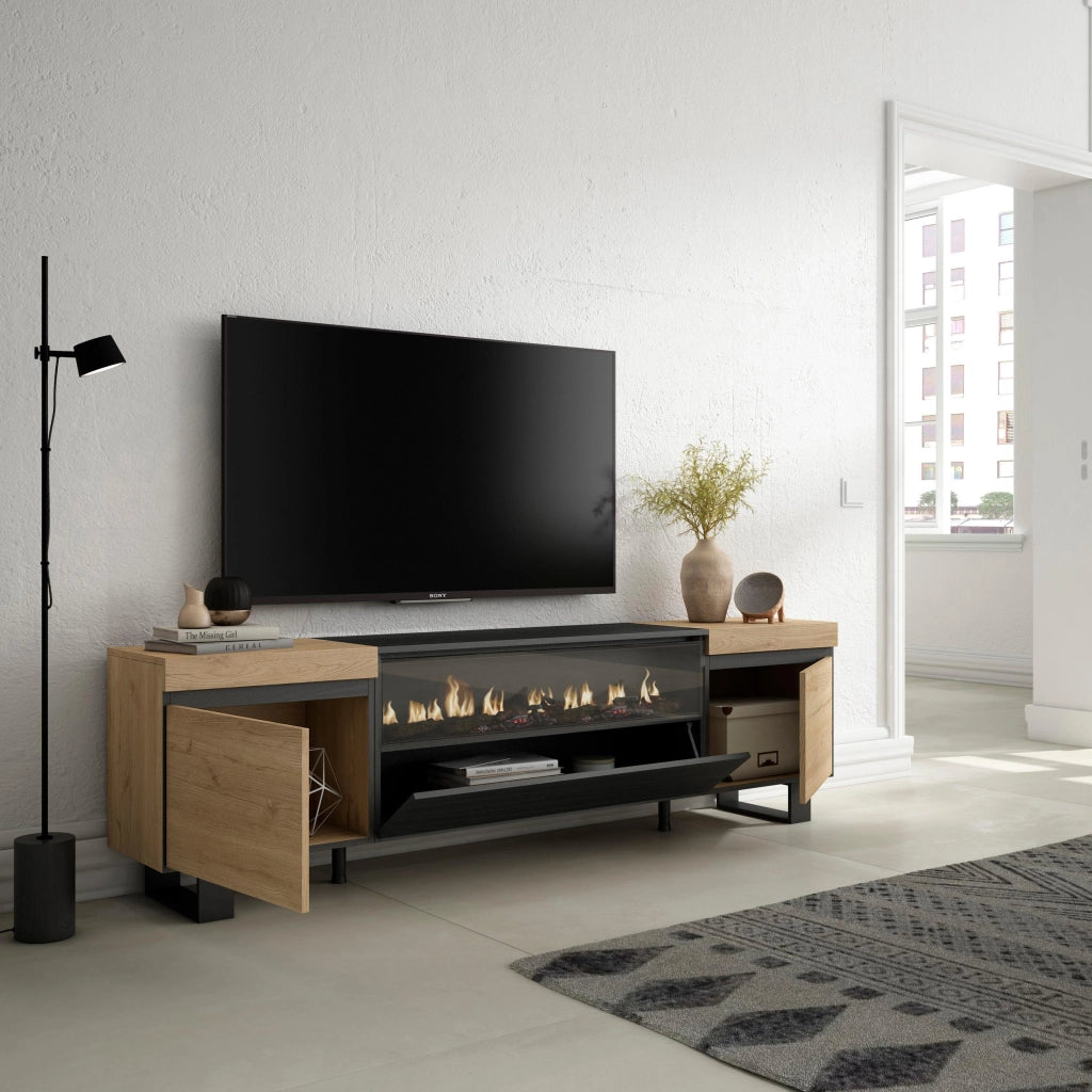 Mobile TV, 200x35x57cm, soggiorno, Per TV fino a 80", Camino elettrico, Design industriale, colore Rovere e nero RF2260