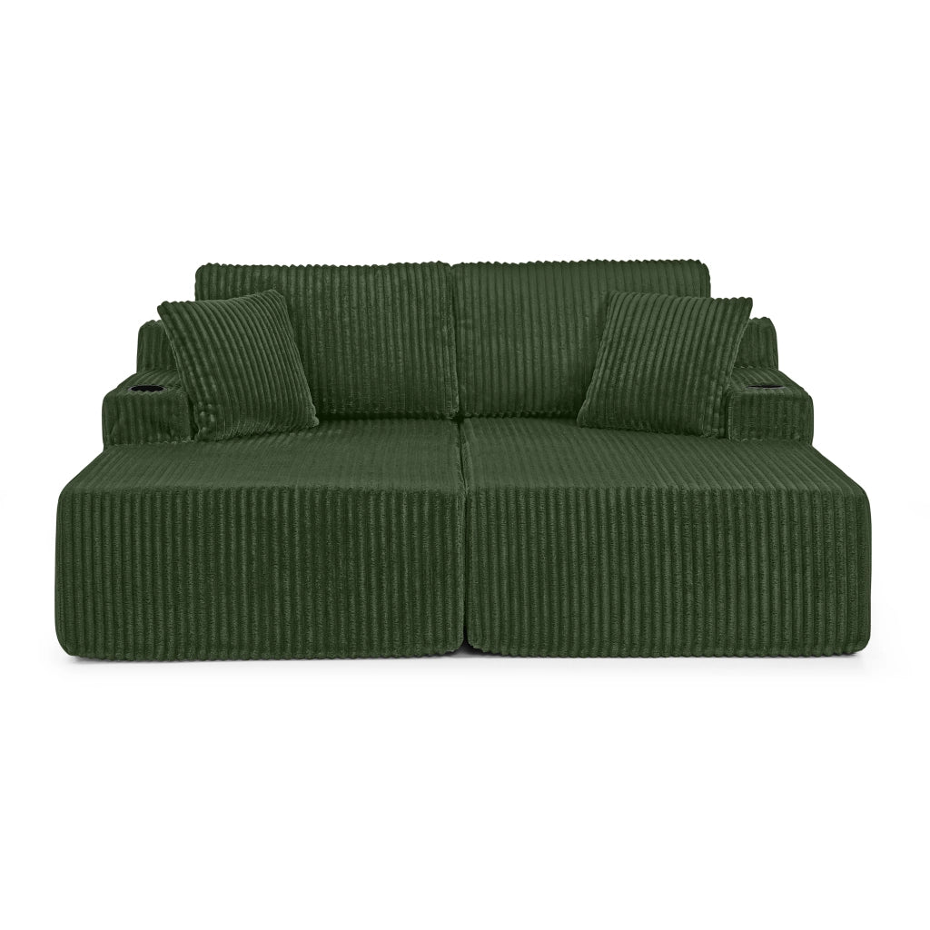 Divano Letto 2 Posti Relax ¨C Xylo ¨C Tessuto a Coste Verde con Cuscini e Poggiapiedi