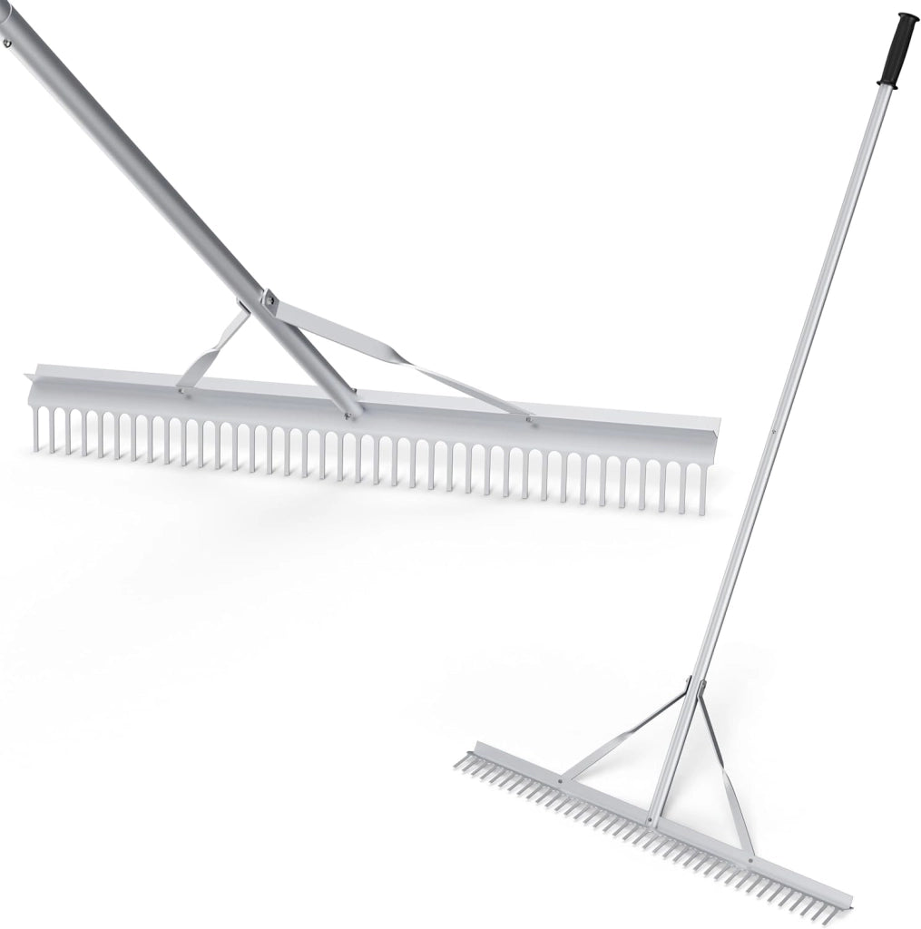 Rastrello da Giardino, Rastrello in Alluminio con Testa Larga 91 cm, 36 Denti, Manico Lungo 174 cm, per Allentare il Terreno, Cura del Prato, Cura del Lago Stagno Spiaggi