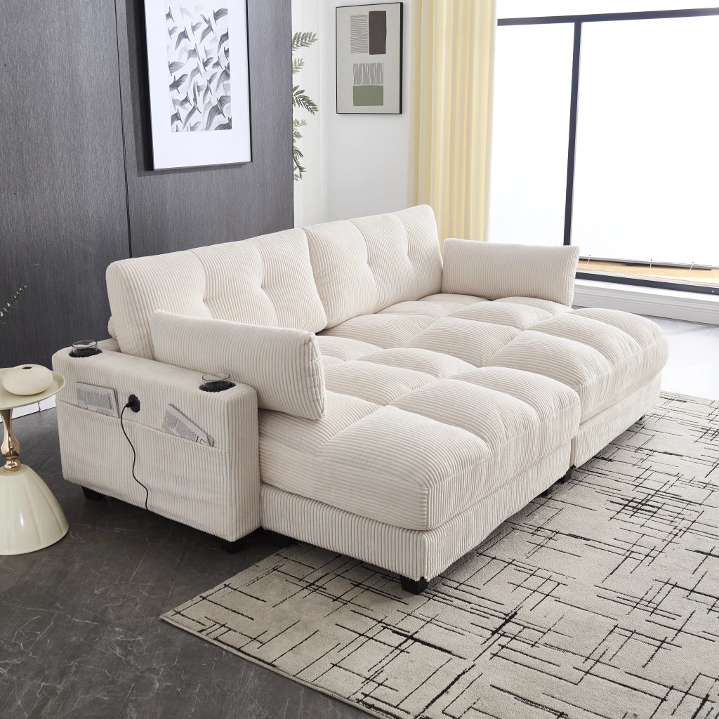 DIVANO Modulare 224x140x81 cm in Corduroy Beige Divisibile in 2 Sedute
