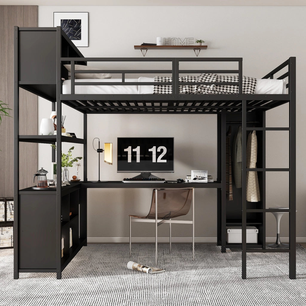 OKWISH Letto a Soppalco 140×200 cm, Letto Matrimoniale con Scrivania, Doppio Spazio Contenitore, Armadio e Vano Contenitore, senza Materasso, Nero