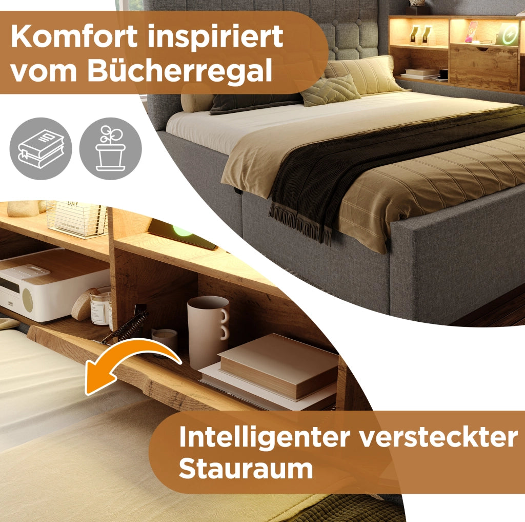 Letto imbottito 140x200 cm con LED, vano contenitore e testiera L