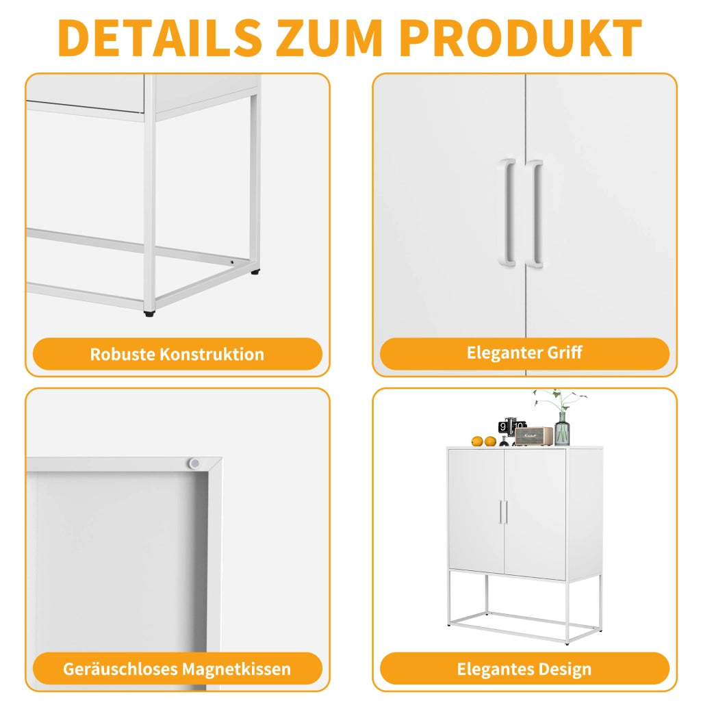 Credenza e madia in metallo con ante magnetiche e 2 ripiani, per cucina e soggiorno, bianco, 85 × 40 × 109 cm