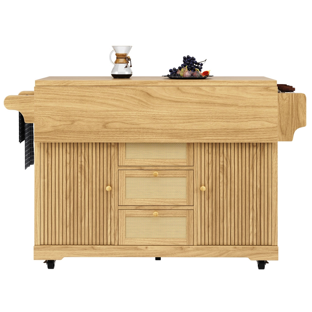 Carrello cucina pieghevole con altezza ergonomica 95 cm, struttura in MDF e metallo, colore legno naturale