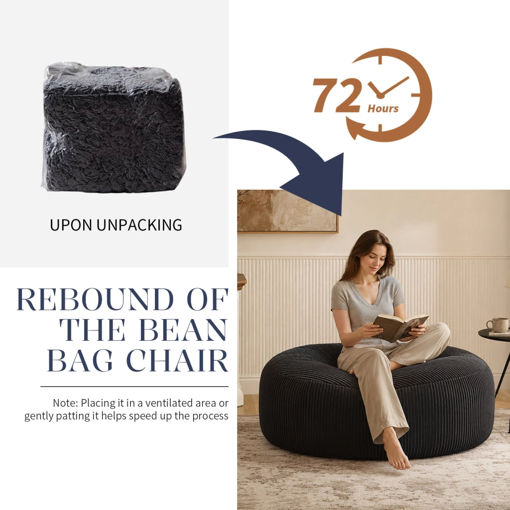Poltrona pouf rotonda - con imbottitura ad alta resilienza - in velluto a coste - nero