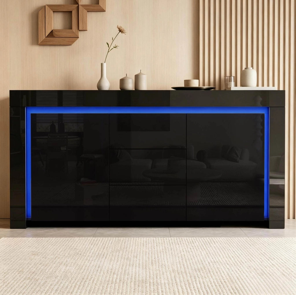 Sideboard moderno nero 140x40x65 cm con LED, 2 ante e 3 cassetti