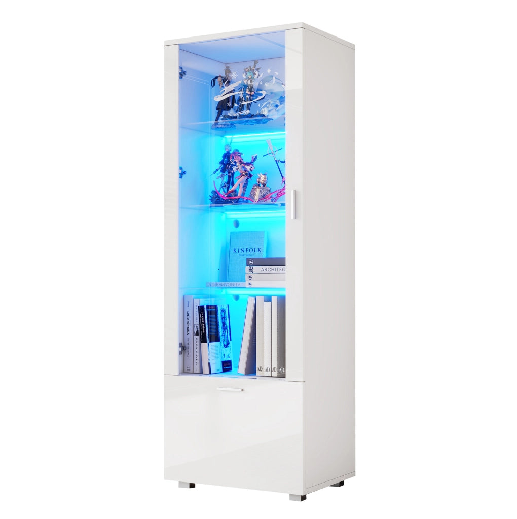 Vetrina bianca lucida 50x40x160 cm con porta in acrilico e ripiani in vetro temperato, illuminazione LED regolabile con telecomando