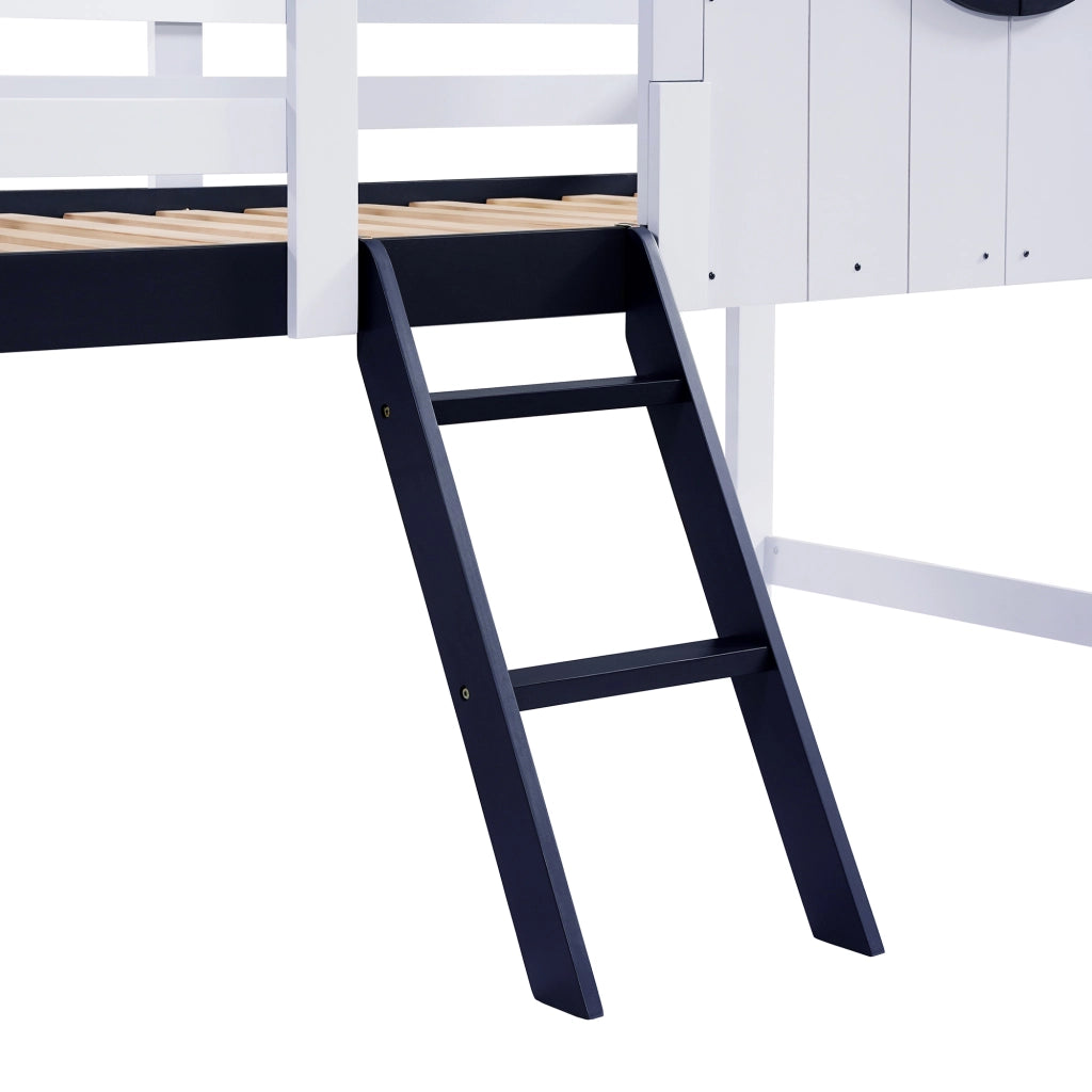 Letto a Soppalco 90x200 cm - con Cassetto; Scaletta Inclinata e Mensola - in Legno - Bianco e Blu Scuro