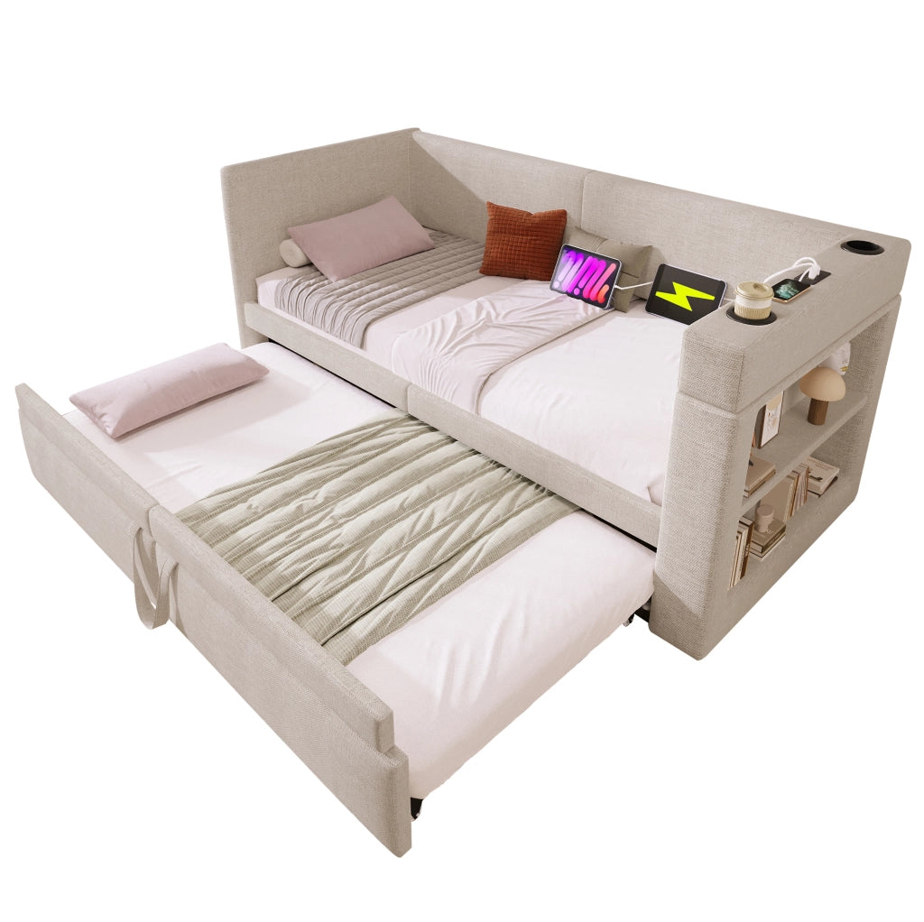 Divano letto 90x200 cm con letto estraibile e braccioli in cotone e lino beige