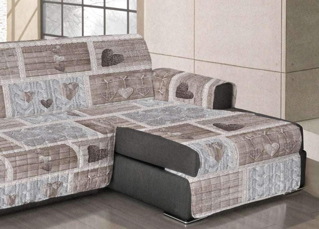 Copridivano Trapuntato Per Divani Con Penisola Disegno Shabby Love - 240-245 cm - Beige