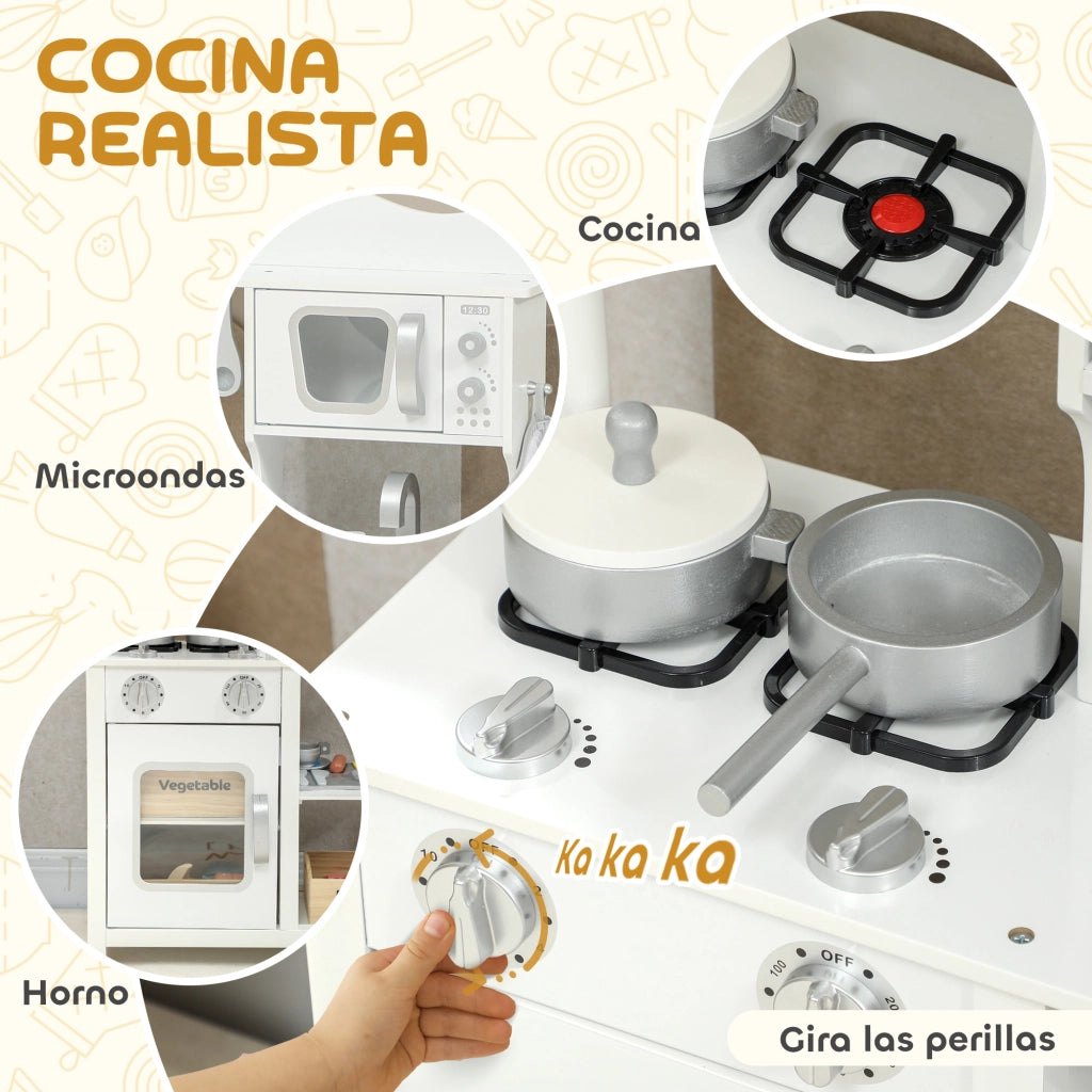 Cucina Giocattolo Bambini con Sonoro Accessori Lavello e Forno Microonde Legno ¨C Zephmum ¨C Bianco 80x30x90