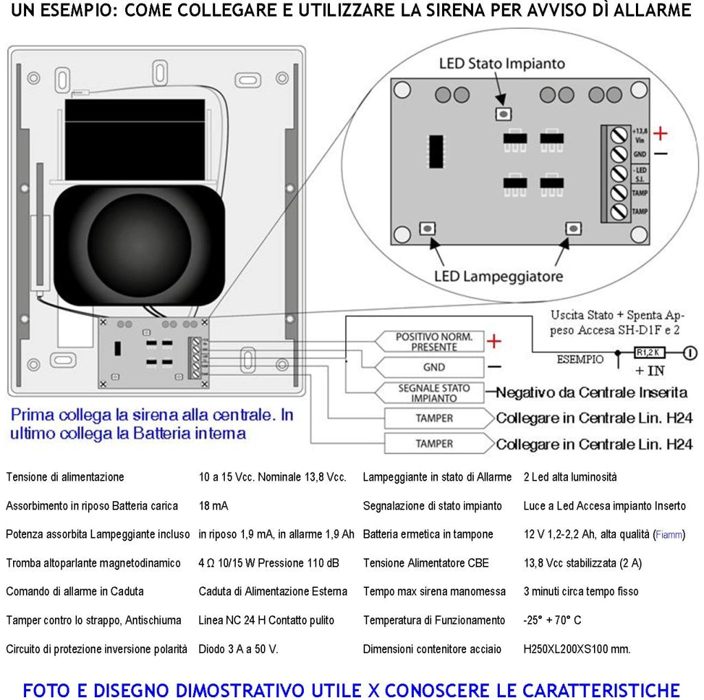 Sirena Lampeggiante a Led Antifurto da Esterno 2 Pezzi Melodia Bitono Frequenza A/B 1724 ± 2475 Hz 110 dB Alimentazione 12 Vcc Assorbimento 1,9 Ah Batterie Escluse Comando Allarme In Caduta Led Stato
