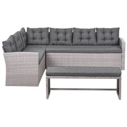 Set da pranzo ad angolo da giardino grigio finto rattan con cuscini divano panca tavolo rettangolare piano in vetro 80 x 145 cm vimini