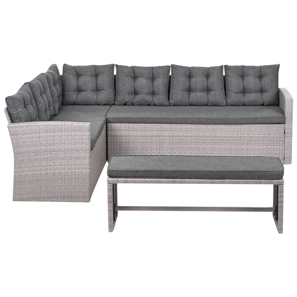 Set da pranzo ad angolo da giardino grigio finto rattan con cuscini divano panca tavolo rettangolare piano in vetro 80 x 145 cm vimini