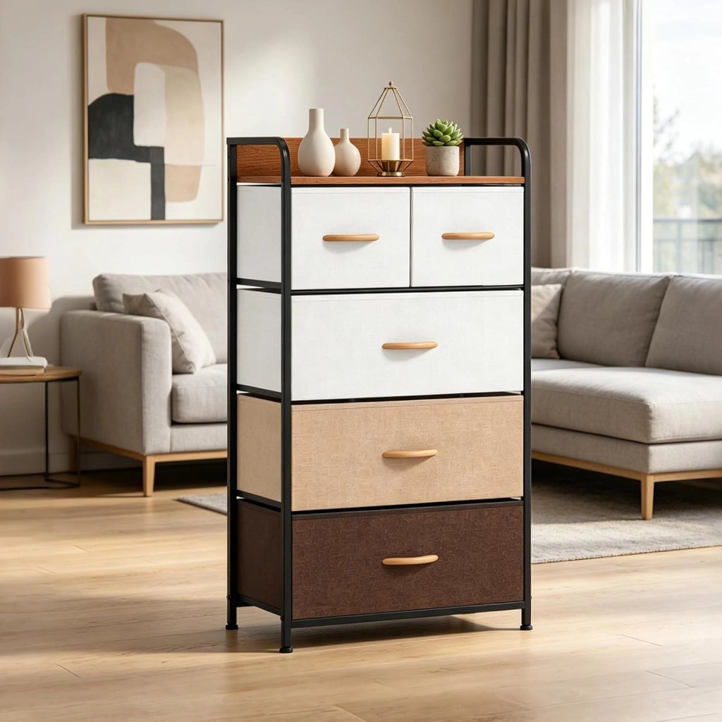 Cassettiera in Tessuto, Mobiletto con Cassetti Pieghevoli e Piedini Regolabili, Struttura in Metallo, Armadietto Salvaspazio per Soggiorno, Camera da Letto, Cucina (59 X 29 X 100 CM)