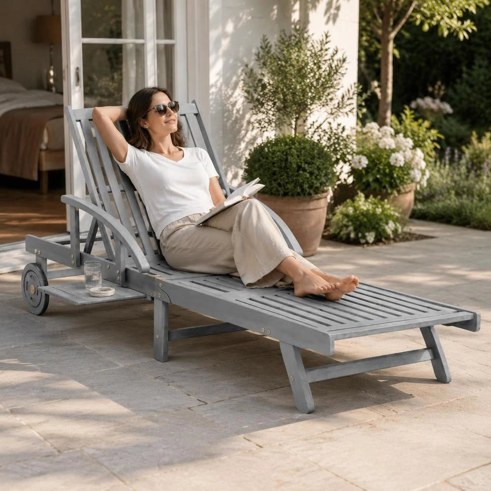 Sun Lounger Grey Solid Acacia Wood