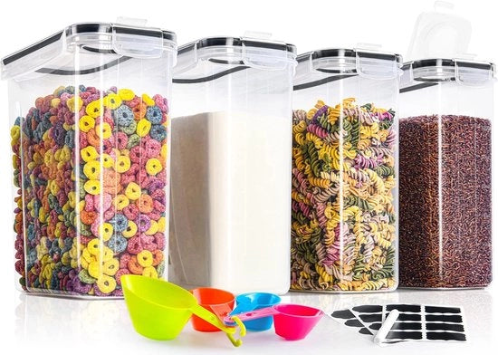 Set di 4 contenitori di stoccaggio, 4 litri, contenitore a chiusura ermetica in plastica con coperchio, contenitori di stoccaggio per pasta, muesli, riso, farina e per cibo per animali domestici, riutilizzabile