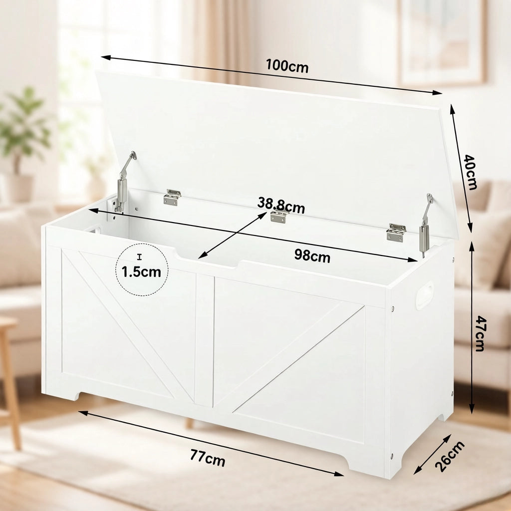 Panca contenitore da ingresso in legno con spazio nascosto, coperchio e 76 l, bianco, 100 × 47 × 40 cm