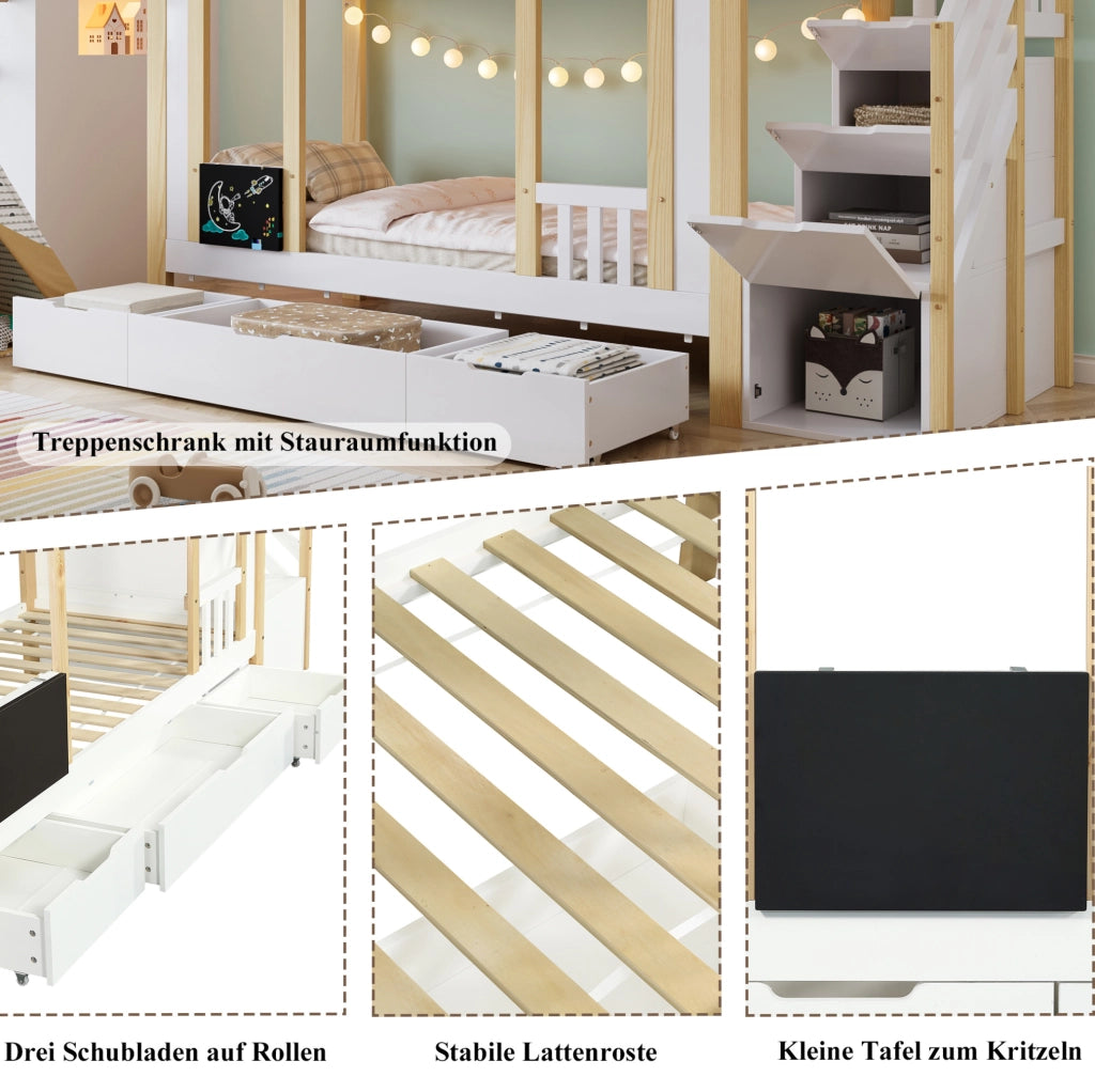 Letto a castello per bambini 90x200 cm con scala contenitore