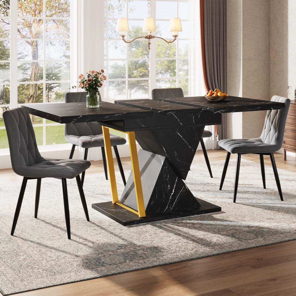 Tavolo da pranzo allungabile con piano effetto marmo, 1 allunga, in MDF e metallo, nero per cucina e soggiorno
