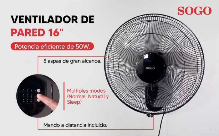 Ventilatore da parete 40 cm con oscillazione, 3 velocità e 5 pale 50W con tiranti comando e inclinazione regolabile - Sogo