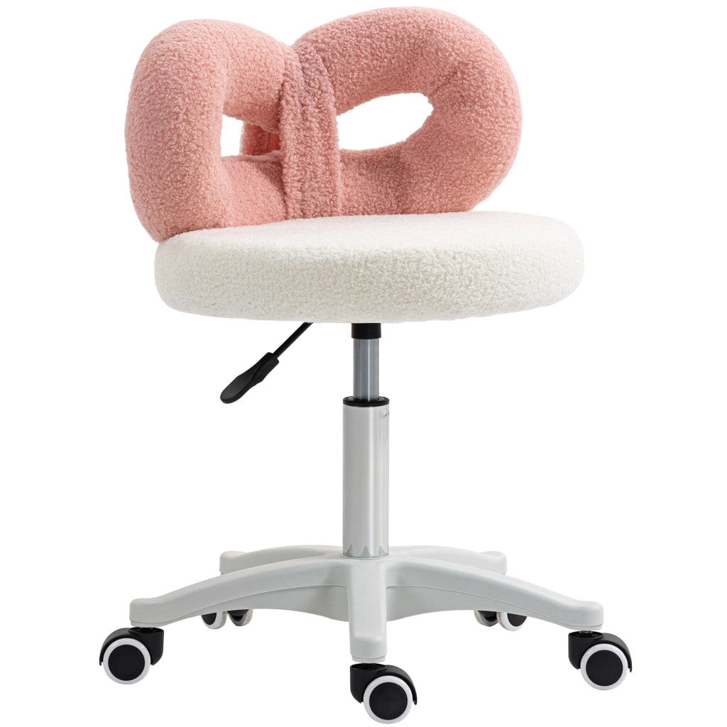 Sgabello Girevole ad Altezza Regolabile con Schienale ad Arco. in Tessuto Teddy. 50x50x63-77 cm. Bianco e Rosa