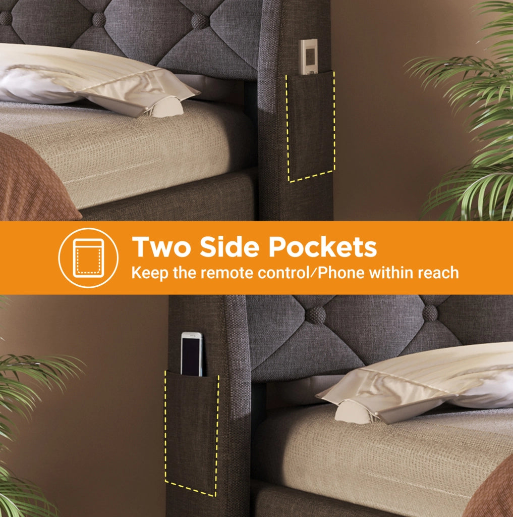 Letto contenitore idraulico 140 × 200 cm con LED; USB e Type-C; tessuto di lino grigio